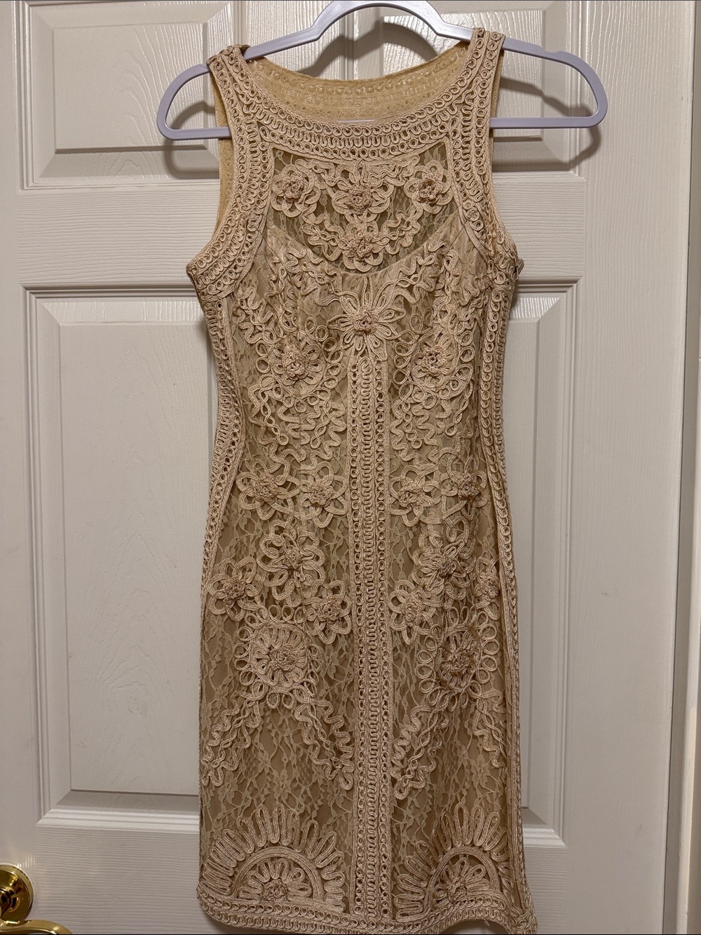 Sue Wong Beige Lace Appliqué Sheath Dress